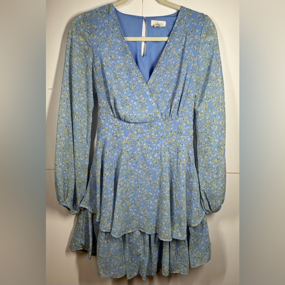 Japna Light Blue Floral Wrap-Style Long Sleeve Dress Size Medium - Picture 7 of 8